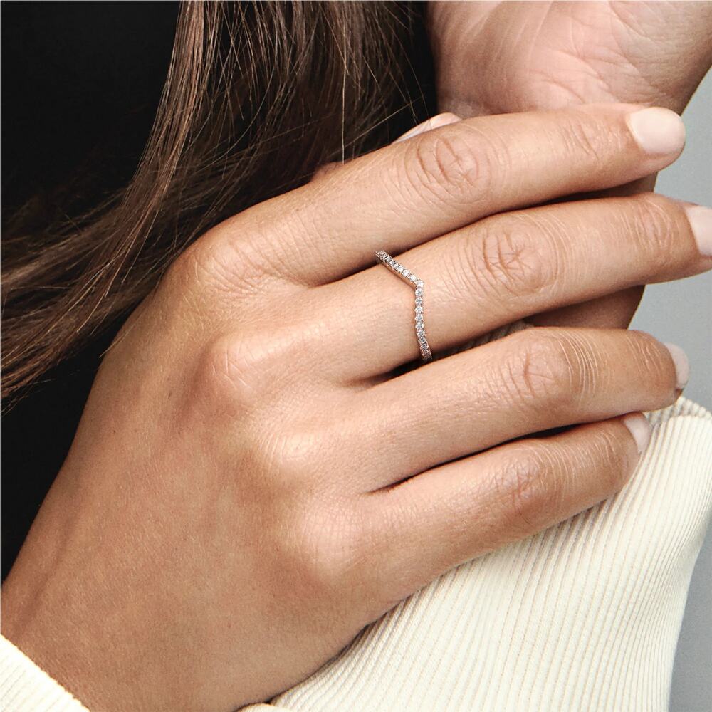 Pandora Rose Gold Sparkling Wishbone Chevron Stacking Ring Minimalist F17-13